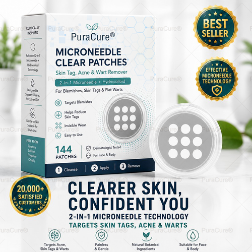 ✨PuraCure®2-in-1 Microneedle & Hydrocolloid Patch🍀| Removes Raised Moles, Acne, Flat Warts & Skin Tags | Helps Improve Wrinkles, Scars & Blemishes | Invisible Patches for Face & Body