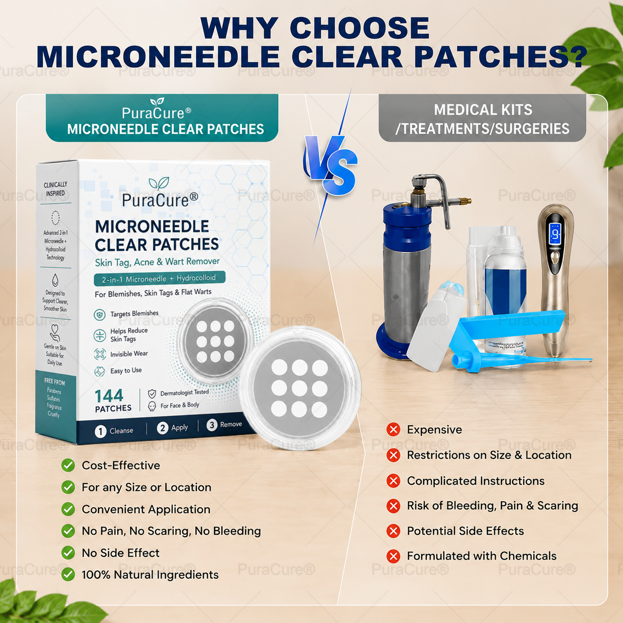 ✨PuraCure®2-in-1 Microneedle & Hydrocolloid Patch🍀| Removes Raised Moles, Acne, Flat Warts & Skin Tags | Helps Improve Wrinkles, Scars & Blemishes | Invisible Patches for Face & Body
