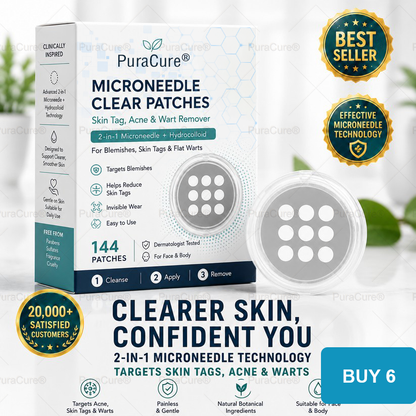 ✨PuraCure®2-in-1 Microneedle & Hydrocolloid Patch🍀| Removes Raised Moles, Acne, Flat Warts & Skin Tags | Helps Improve Wrinkles, Scars & Blemishes | Invisible Patches for Face & Body
